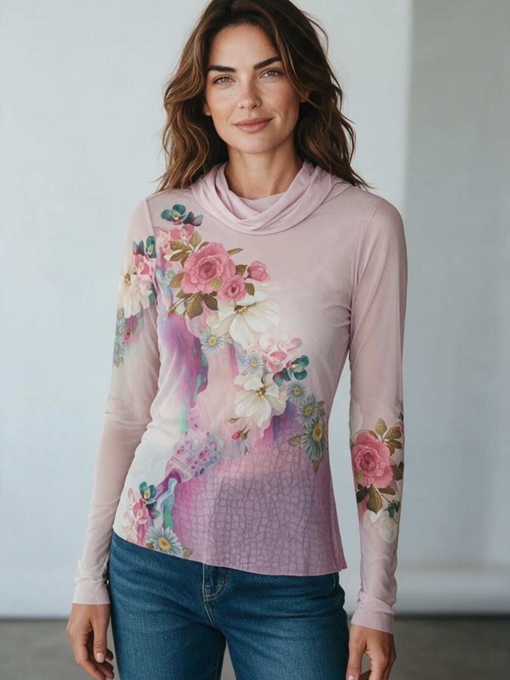 AFRM Pink Floral Cowl Neck Long Sleeve Top